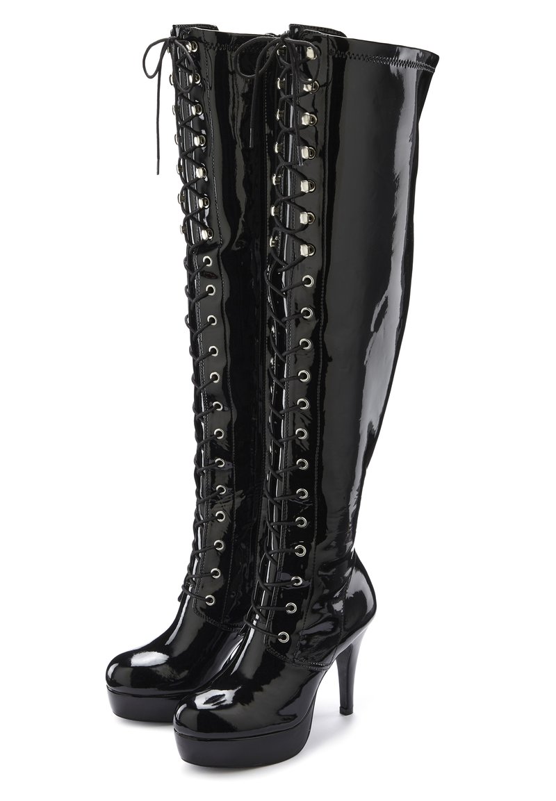 High-heeled thigh-high boots in glossy black patent leather with lace-up front and silver eyelets, featuring a platform sole for added height.