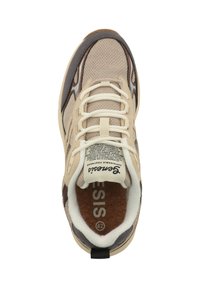 Beige mesh sneaker with brown accents, round toe, thick white laces, cushioned collar, and patterned insole featuring size 42.