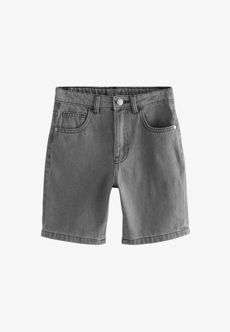 Short en denim gris avec bouton à l'avant, passants pour ceinture et trois poches dont une petite poche à monnaie sur le côté droit.