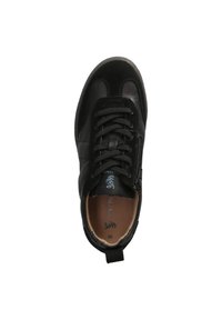 Schwarze Leder-Sneaker mit Schnürsenkeln und seitlichem Reißverschluss. Verfügt über eine gepolsterte, beige Innensohle und ein prägtes Logo auf der Zunge. Gerundetes Zehen-Design.