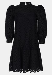 Svart klänning med hög krage, puffärmar och utsvängd nederdel med ögonbladsmönster genomgående. Detaljer inkluderar stängning bak.