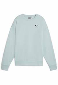 Hele sinine dressipluus pikkade varrukatega, soonikkoes kätistega ja ümarate kaelustega. Ees on väike must Puma logo. Pehme tekstuur.
