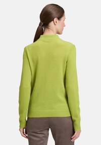 Kobieta z brązowymi włosami związanymi w kucyk, ubrana w długą limonkowo-zieloną bluzę i brązowe spodnie, stojąca tyłem na jednolitym tle.