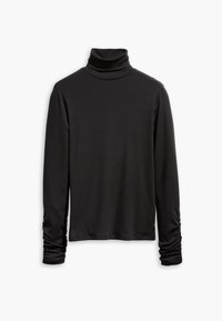 Schwarzes Rollkragenshirt aus Rippstoff. Lange Ärmel mit gerafften Bündchen, Hochkragen-Design und gerader Saumlinie.