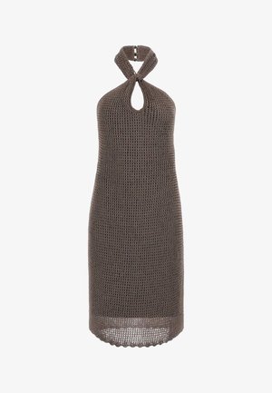 Knit halter dress in brown with a keyhole detail, featuring a tied neckline and scalloped hem. Lightweight and textured fabric material.