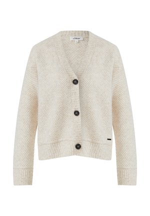 Crème-kleurige cardigan met een textuurpatroon in de brei, voorzien van een V-hals, vier grote zwarte knopen en geribde manchetten en zoom.