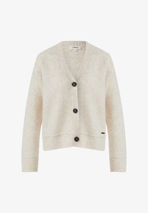 Cream-colored cardigan with a textured, patterned knit, featuring a V-neck, four large black buttons, and ribbed cuffs and hem.
