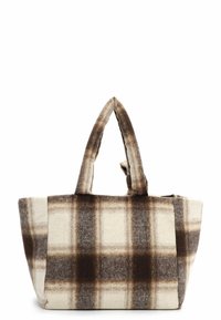 Plaid tote bag in cream and brown wool blend. Features wide, soft handles and a zip closure. Square shape with a textured surface.