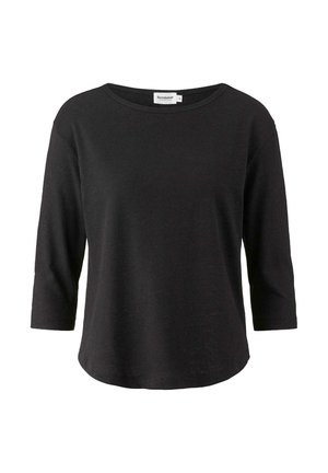 Musta, 3/4-hihainen paita, joka on valmistettu pehmeästä kankaasta; siinä on pyöreä pääntie ja rento leikkaus. Tagi näkyvissä kauluksessa.