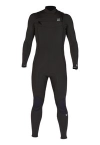 Black wetsuit with long sleeves, smooth texture, flatlock seams, and a front zip. Features black and blue accents at knee areas.
