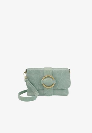 Petit porte-monnaie bracelet en daim vert pastel avec un fermoir circulaire doré et une bride de poignet assortie sur fond blanc.