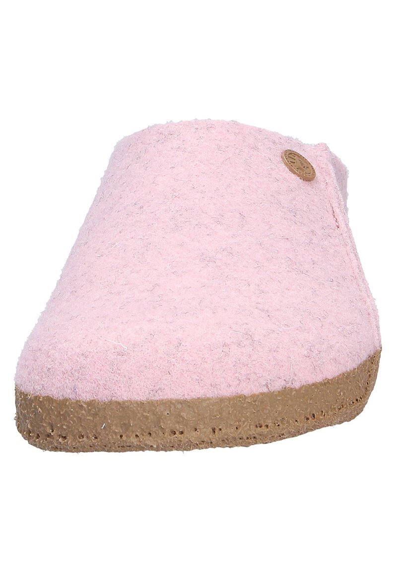 Rosa Filzschlappen mit abgerundeter Zehenpartie, Korksohle und kleinem, rundem Logodetail. Weicher Textil und lässiges Slipper-Design.