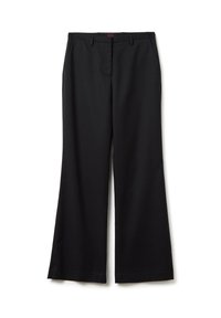 Pantalons larges noirs en tissu lisse, dotés d'une fermeture éclair à l'avant, de passants de ceinture et d'une finition soignée. La taille est plate avec un logo discret.