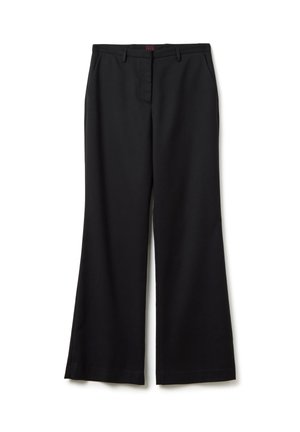 Pantaloni neri a gamba larga realizzati in tessuto morbido, con cerniera frontale, passanti per cintura e una finitura sartoriale. La vita è piatta con un logo discreto.