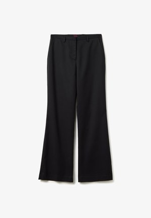 Black wide-leg trousers made of smooth fabric, featuring a front zipper, belt loops, and a tailored finish. The waistband is flat with a subtle logo.