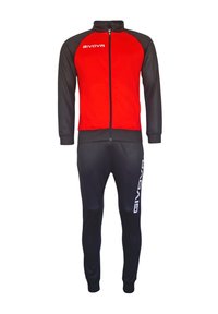 Rdeča in črna trenirka z zip-up jakno in usklajenimi hlačami. Ima belo GIVOVA logo, kontrastne rokave in elastične manšete.