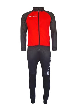 Piros és fekete melegítő egy zipzáras dzsekivel és hozzá illő nadrággal. Fehér GIVOVA logóval, kontrasztos ujjakkal és rugalmas mandzsettákkal rendelkezik.