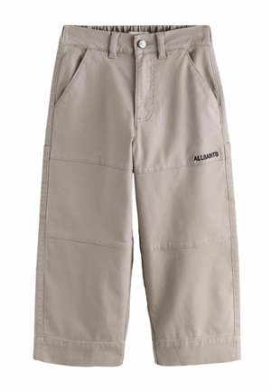 Beige straight-leg pants with front pockets, belt loops, button closure, visible stitching, and a small Black "ALLSAINTS" logo on the right thigh.