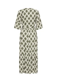 Langes Kleid mit grün-weißem abstraktem Rautenmuster, ausgestellten Ellenbogenärmeln und einem passenden Gürtel in der Taille, von hinten gezeigt.