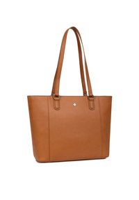 Sac fourre-tout en cuir tan avec deux longues poignées, de forme rectangulaire, surface texturée, détail de marque subtil, design à ouverture supérieure.