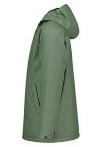 Light green waterproof jacket with a hood, featuring a zippered side pocket and snap buttons at the cuff for adjustable fit.