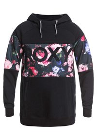 Schwarzer Hoodie mit Blumenmuster in Pink und Blau, mit einem großen schwarzen "ROXY"-Logo auf der Brust, verstellbaren Kordeln an der Kapuze.