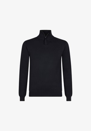 Schwarzer Strickpullover mit hohem Kragen und halbem Reißverschluss, langen Ärmeln sowie gerippten Bündchen und Saum.