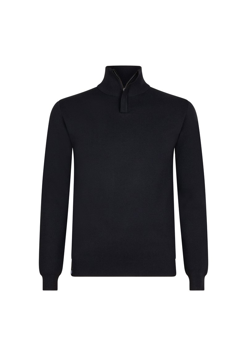 Schwarzer Strickpullover mit hohem Kragen und halbem Reißverschluss, langen Ärmeln sowie gerippten Bündchen und Saum.