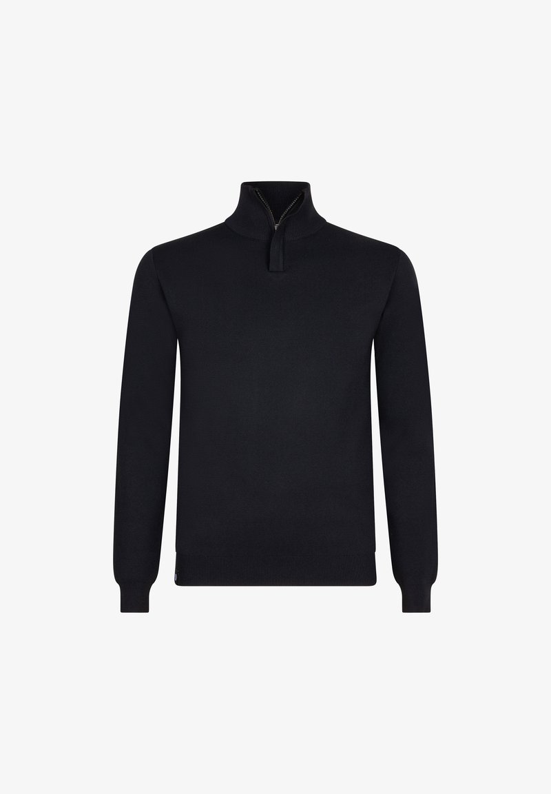 Czarny sweter z dzianiny z wysokim kołnierzem, zapinany na zamek błyskawiczny do pół, z długimi rękawami oraz ściągaczami na mankietach i u dołu.