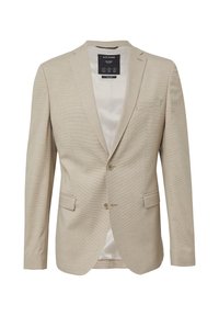 Lichtbeige blazer van een gestructureerde stof, met een enkel-breasted ontwerp, twee knopen en twee voorzakken. Heeft een gladde binnenvoering.