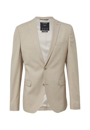 Blazer beige clair en tissu texturé, à boutonnage simple, deux boutons et deux poches avant. Présente une doublure intérieure lisse.