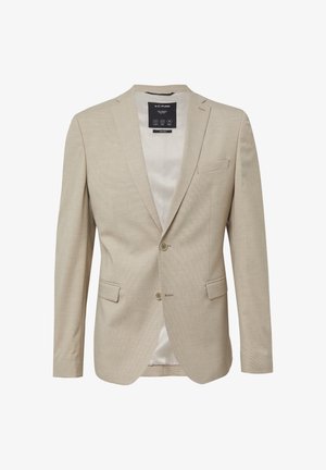 Lichtbeige blazer van een gestructureerde stof, met een enkel-breasted ontwerp, twee knopen en twee voorzakken. Heeft een gladde binnenvoering.