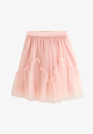Różowa spódnica z tiulu z elastycznym pasem, zdobiona warstwowymi falbanami i małymi, pastelowymi kokardkami przy brzegu.