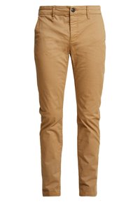 Chinos khaki realizzati in cotone leggero, con vestibilità slim, passanti per cintura, chiusura con bottone anteriore e tasche laterali.