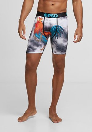 Boxershorts mit einem lebhaften Hahn-Design in bunten Farben auf einem schwarzen und grauen wolkigen Hintergrund. Elastischer Bund mit "PSD"-Markierung.