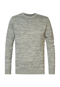 Gray textured knit sweater with a crew neckline and long sleeves. Features a subtle pattern throughout and ribbed cuffs and hem.