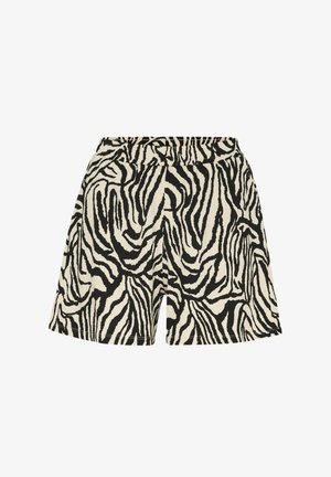 Black and beige zebra-patterned shorts with an elastic waistband, made from textured fabric, featuring a loose fitting design and side pockets.