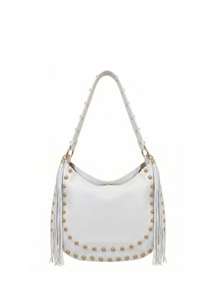 Borsa a mano in pelle bianca con borchie dorate lungo i bordi, una singola tracolla con borchie e lunghe frange in pelle su entrambi i lati.