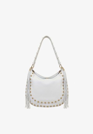 Witte leren handtas met gouden studs langs de randen, een enkele schouderriem met studs en lange leren tassels aan beide zijden.