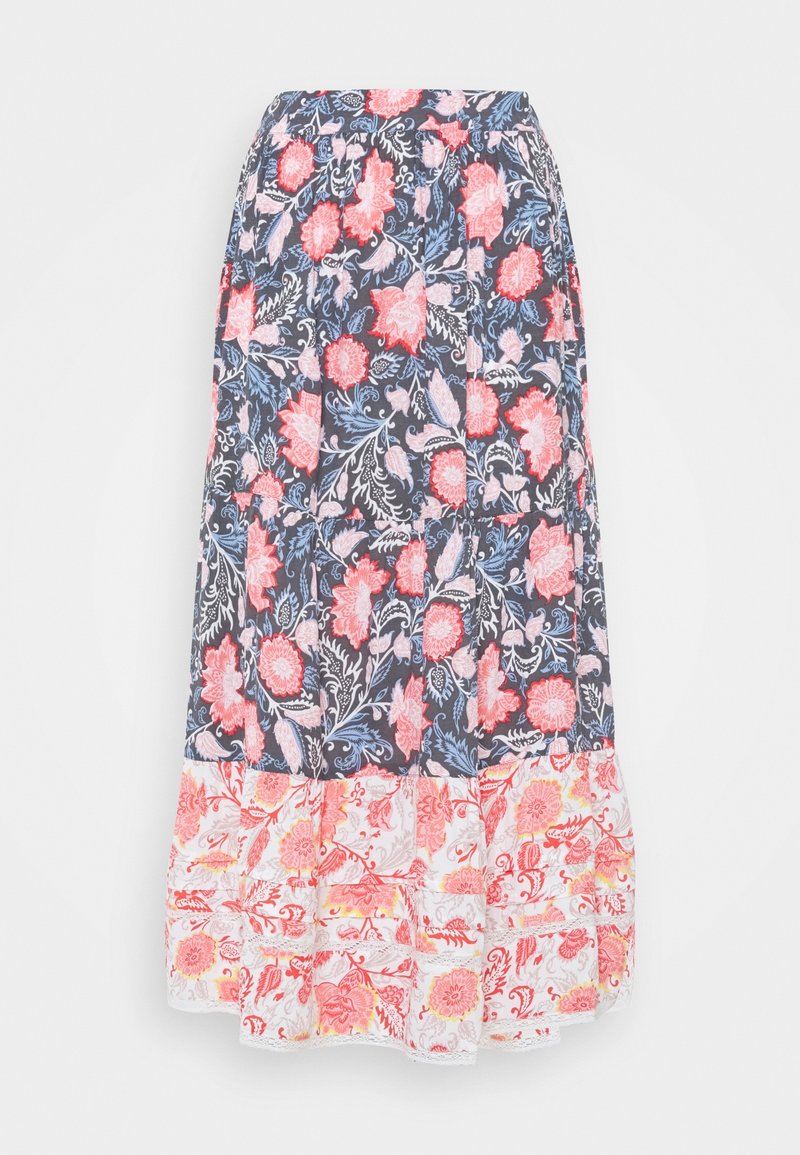 Jupe longue fleurie avec fond sombre et motifs de fleurs roses, bleues et blanches, présentant un ourlet volanté contrastant avec des fleurs rouges et jaunes.