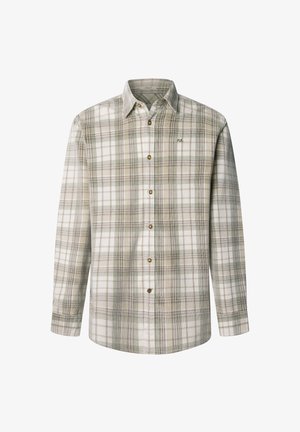 Könnyű flaneling zöld és fehér kockás mintával, gombos elülső résszel, gallérral és egy kis logóval a mellrészen.