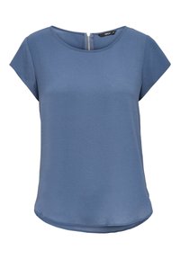 Modrý top s krátkým rukávem a kulatým výstřihem, s kovovým zipem na zádech a texturovanou tkaninou. Spodní lem je mírně zakřivený.