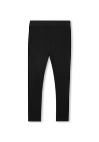 Leggings noirs fabriqués à partir d'un matériau extensible, présentant un design ajusté, une taille élastique et un logo en relief sur la cheville gauche.