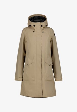 Impermeabile lungo marrone chiaro con cappuccio, cerniera frontale coperta da patta, due tasche con patta e bottoni, e cinturini regolabili ai polsi.