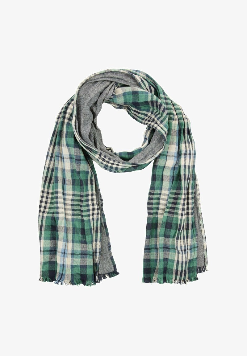 Rutet tørklæde i grøn, navy og creme. Letvægtigt stof med frynsede kanter og en kombination af store og små ternmønstre.