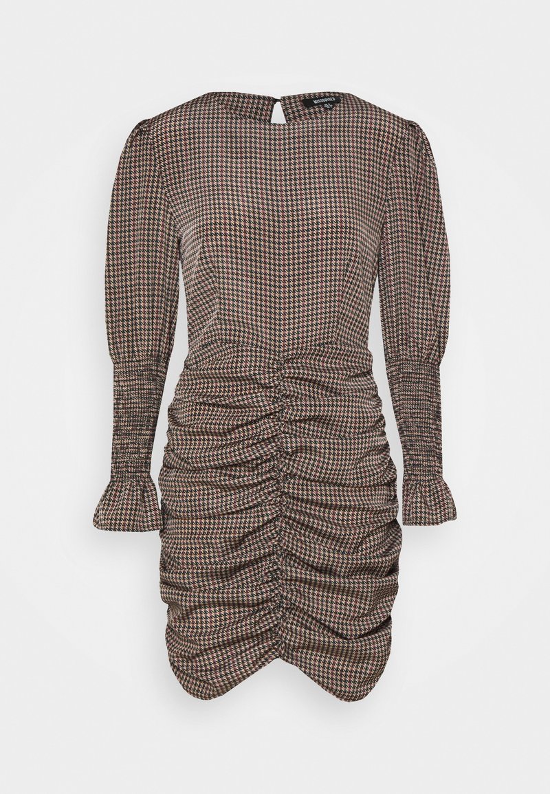 Robe courte à manches longues avec motif pied-de-poule et fermeture au dos en forme de goutte, silhouette ajustée avec détails froncés.
