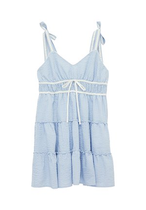 Vaaleansininen ja valkoinen ruudullinen hihaton mekko, jossa on kerroksittainen hame, säädettävät solmittavat olkaimet ja vyötäröllä nyöritettävä rusettinauhavyö.