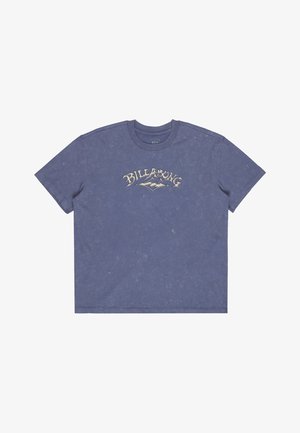 Blauwe T-shirt met korte mouwen met een vervaagde textuur en het 'Billabong' logo in beige op de borst gedrukt.