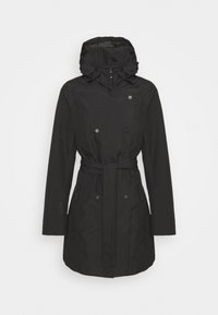 Cappotto lungo nero con cappuccio, chiusura a doppio petto con bottoni, cintura in vita e tasche laterali con zip, progettato per il freddo.