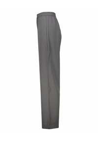 Grijze, geweven broek met een elastische tailleband, recht gesneden ontwerp en zonder zichtbare patronen of versieringen. Een gladde textuur.